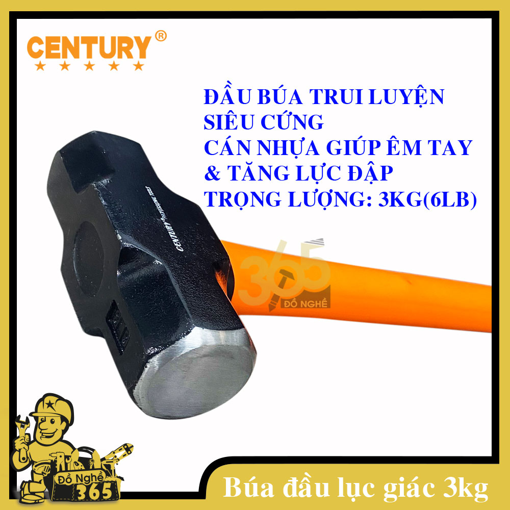Búa đầu lục giác 3Kg CENTURY - búa chuyên dùng đập vật liệu cứng: bê tông, tường gạch, hay còn gọi là búa tạ chất liệu thép cao cấp & cán nhựa chịu lực và đàn hồi tốt