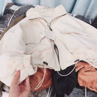 Áo khoác nhung lửng có dây rút lai khoác 2 đầu, Áo khoác chất nhung túi hộp dây rút xinh xắn TP