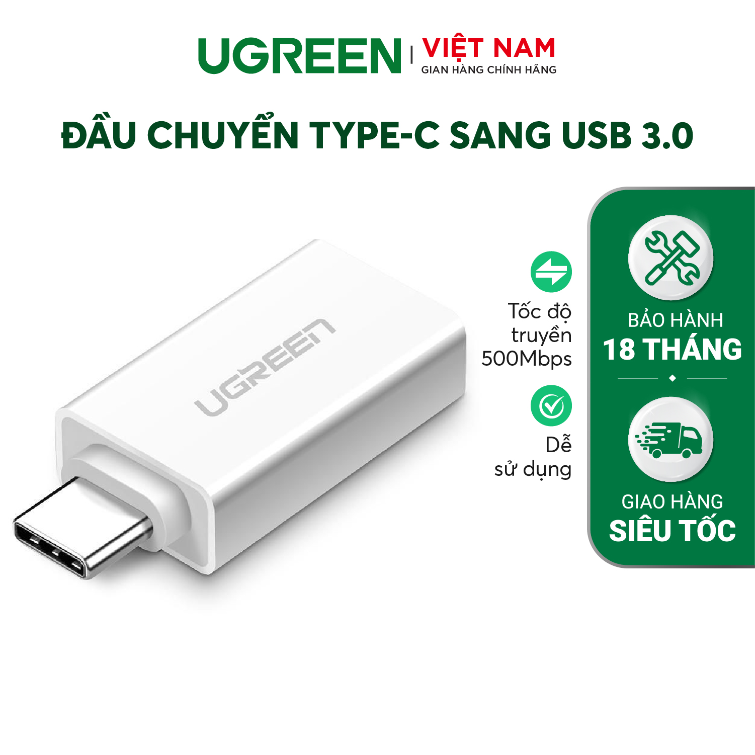 Đầu chuyển Type-C sang USB 3.0 Ugreen US173 | Hỗ trợ sạc và truyền dữ liệu cho điện thoại thông minh | Tương thích ngược | Bảo Hành 18 Tháng 1 Đổi 1 | 30155 20808