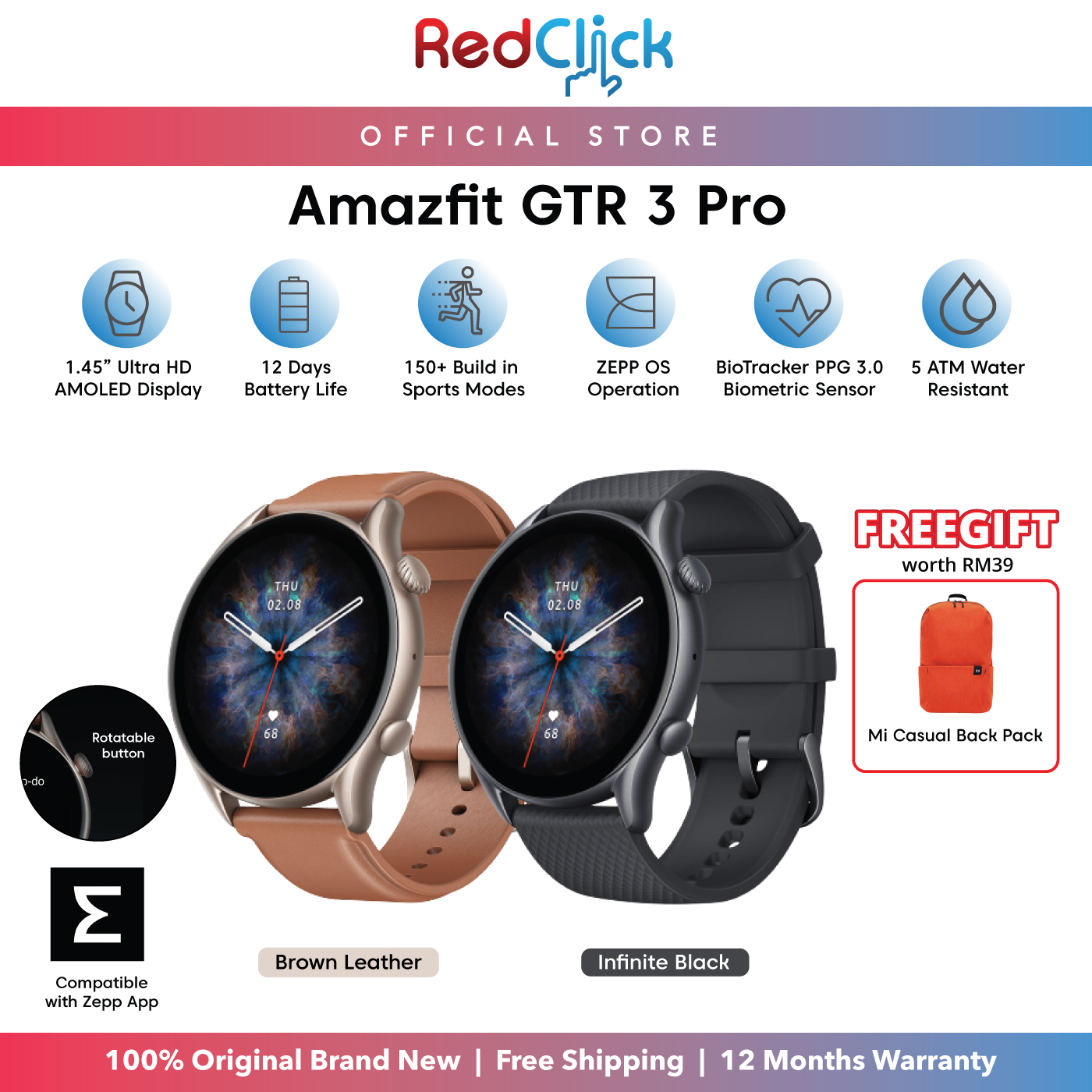 Amazfit GTR 3 Pro 1.45" HD AMOLED Display Classic Premium Design Powerful Zepp OS App Support 12 Days Long Battery Life + Free Gift Worth RM39