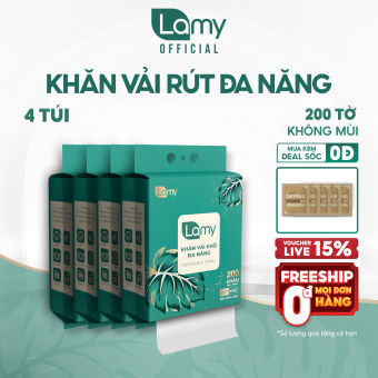 Thùng 4 khăn vải khô đa năng Lamy 200 tờ dạng túi rút treo tường lau mặt tẩy trang khăn lau cho bé