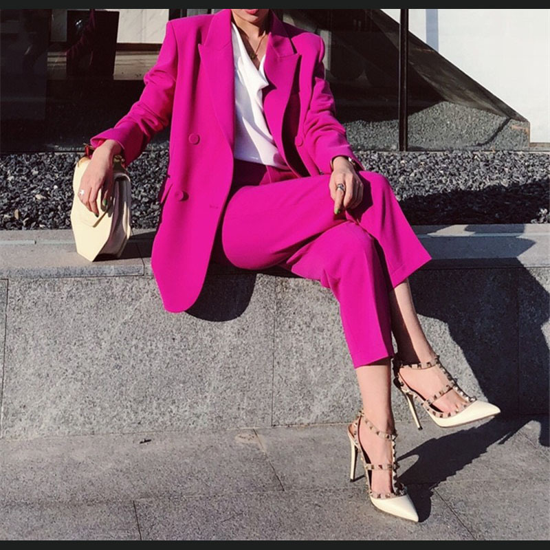 Set Vest nữ áo blazer dáng suông quần ống đứng màu hồng neong QUYNH DESIGN