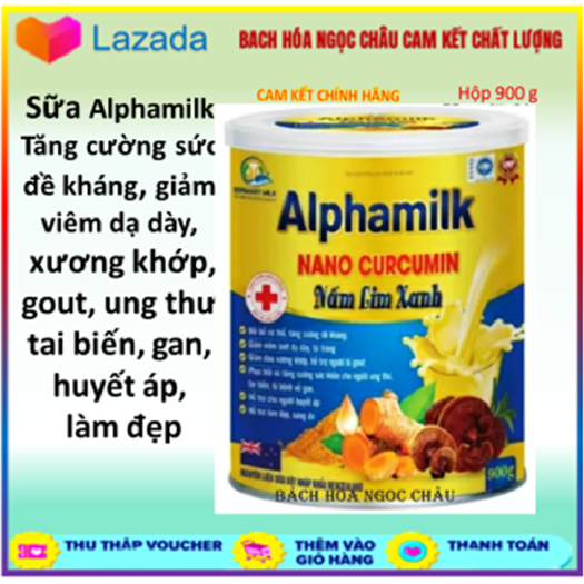 Sữa bột Alphamilk NaNo Curcumin Nấm Lim Xanh, tăng cường sức đề kháng, giảm viêm dạ dày, xương khớp, gout, ung thư , tai biến, gan, huyết áp, làm đẹp da, Bách hóa ngọc châu – hộp 900g