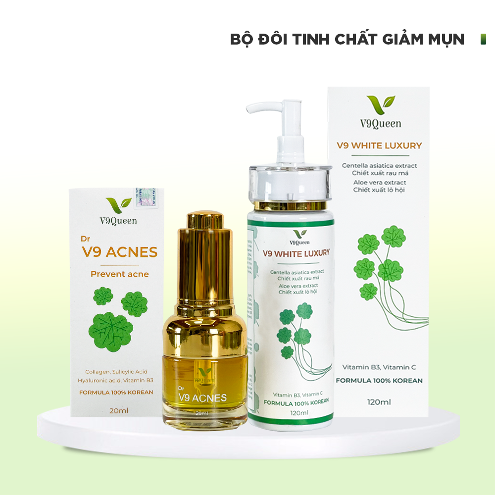 Combo giảm mụn v9queen gồm sữa rửa mặt 120ml, serum rau má 20ml, giúp sáng da mờ thâm mụn