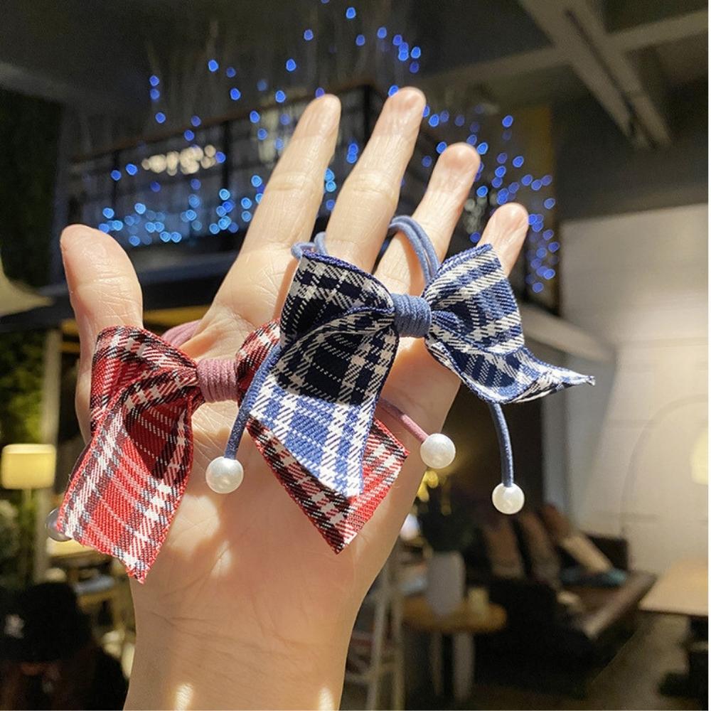 Dây buộc tóc sọc ca rô hình nơ có hạt dễ thương