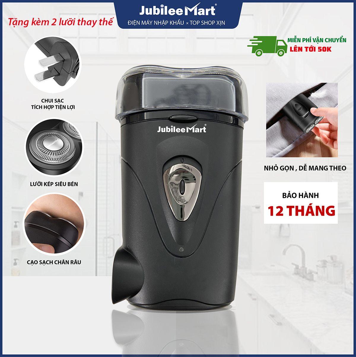 [HÀNG MỚI VỀ] Máy Cạo Râu Sạc Điện 2 Lưỡi Jubilee Mart , lưỡi thép siêu bén,tự mài không thay lưỡi, dung lượng pin lớn- BẢO HÀNH 12 THÁNG