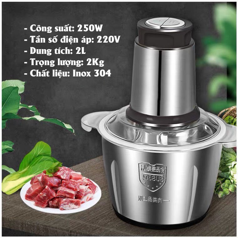 Máy xay thịt đa năng - Máy xay thịt cầm tay mini cối inox 304, dung tích 2 lít, 4 lưỡi dao xay