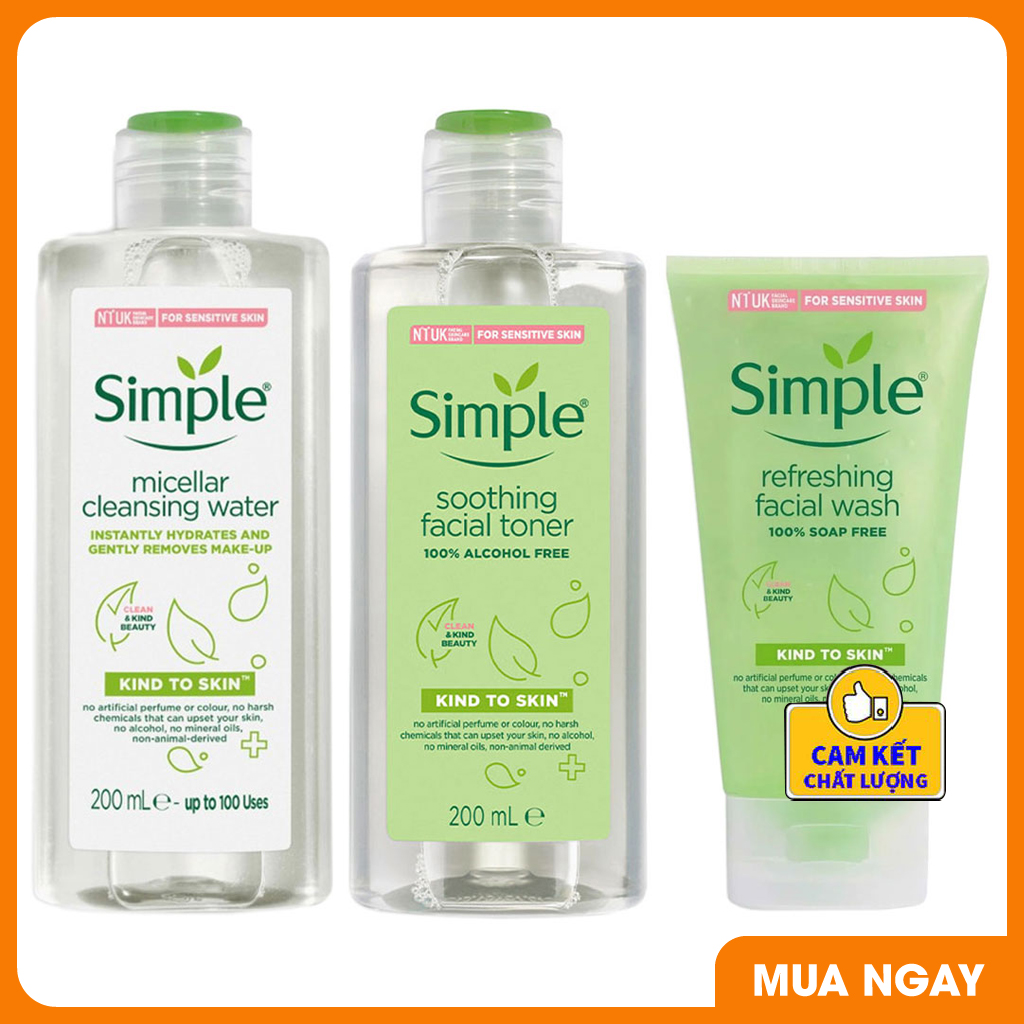 Combo 3 sản phẩm simple chăm sóc da sạch khỏe đàn hồi gồm 3 món - nước tẩy trang simple micellar cleansing water 200ml + sữa rửa mặt simple refreshing facial wash gel 150ml + nước hoa hồng simple soothing facial toner 200ml