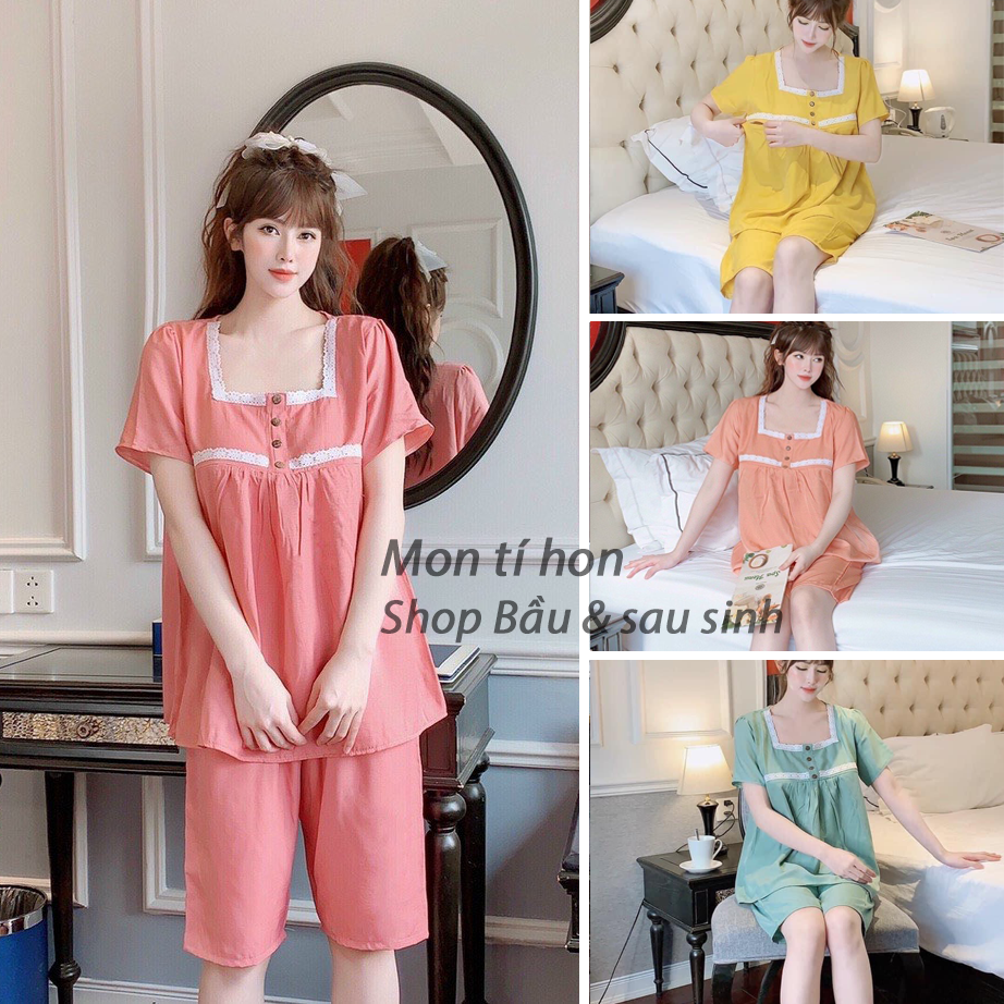 Bộ bầu sau sinh lửng - Free size 47-68kg | Chất đũi lụa siêu mát - Có chun rút điều chỉnh bụng | Có khóa ngực mở cho bé bú sau sinh