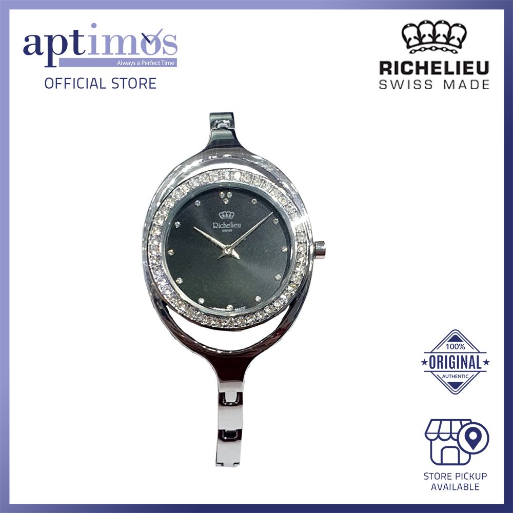 Richelieu Swiss Ladies Stainless Steel Watch W/ Glossy Black Crocodile  Strap | eBay