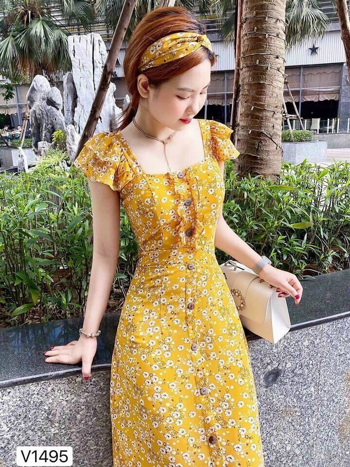 Đầm hoa nhí nữ tay áo cánh tiên, đầm cổ vuông nữ, đầm nữ đính nút, đầm maxi nữ màu vàng, đầm hai dây nữ mặc hè