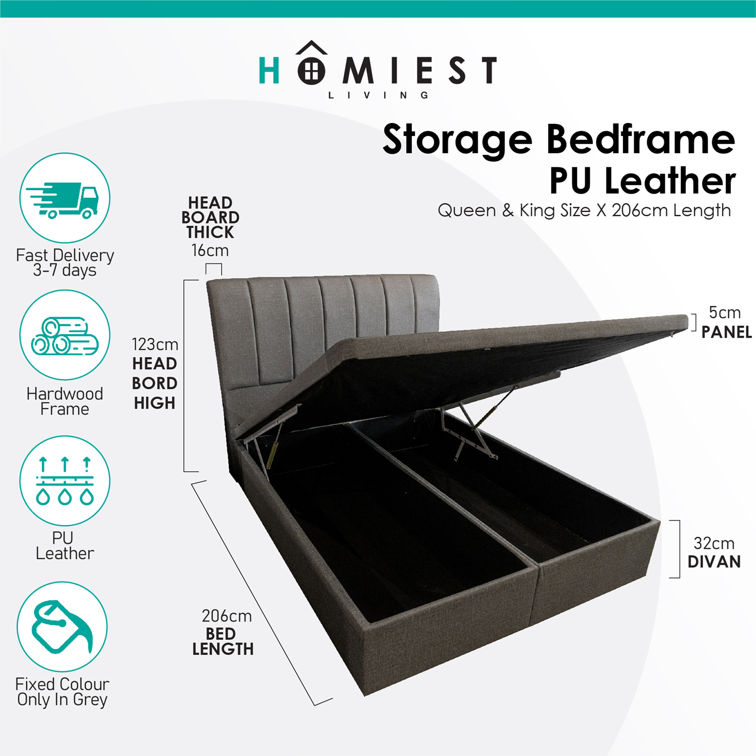 (Free Installation) Homiest / Bedframe / Storage / PU Leather / Single / Super Single / Queen / King / Grey · v2
