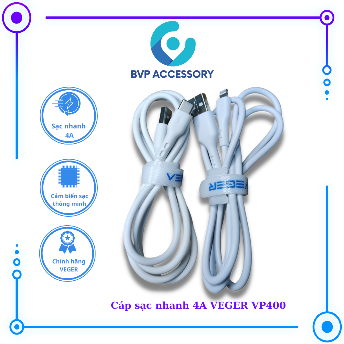 Dây sạc lightning VEGER VP400 dây cáp sạc iphone ipad cáp tai nghe airpod dây cáp sạc nhanh iphone 2.4a cho iphone 6 6s 7 7s 8 8s x xs max 11 12 13 ipad mini - dài 120cm l hàng chính hãng
