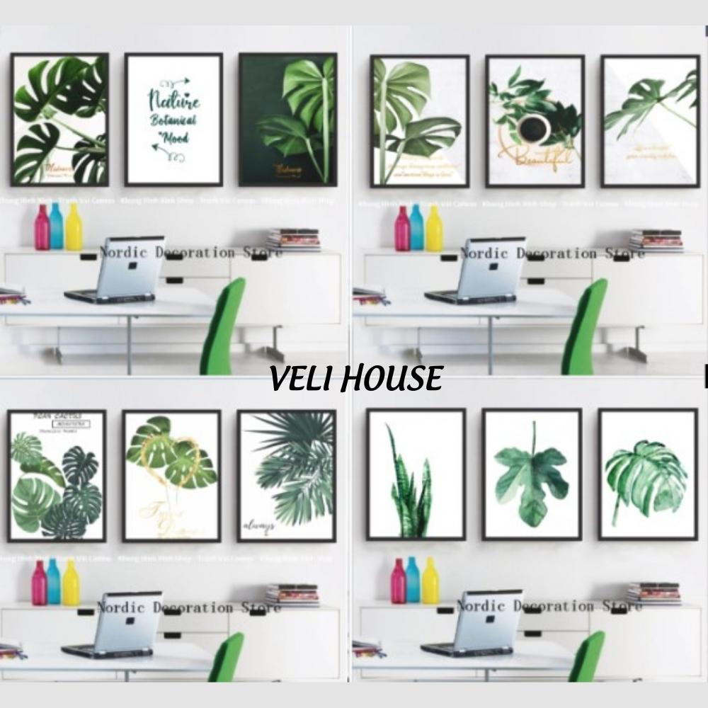 Bộ 3 tranh vải canvas trang trí tường kcv317 - Lá nhiệt đới- Kèm khung - 3 bức 30x42 cm - Veli house