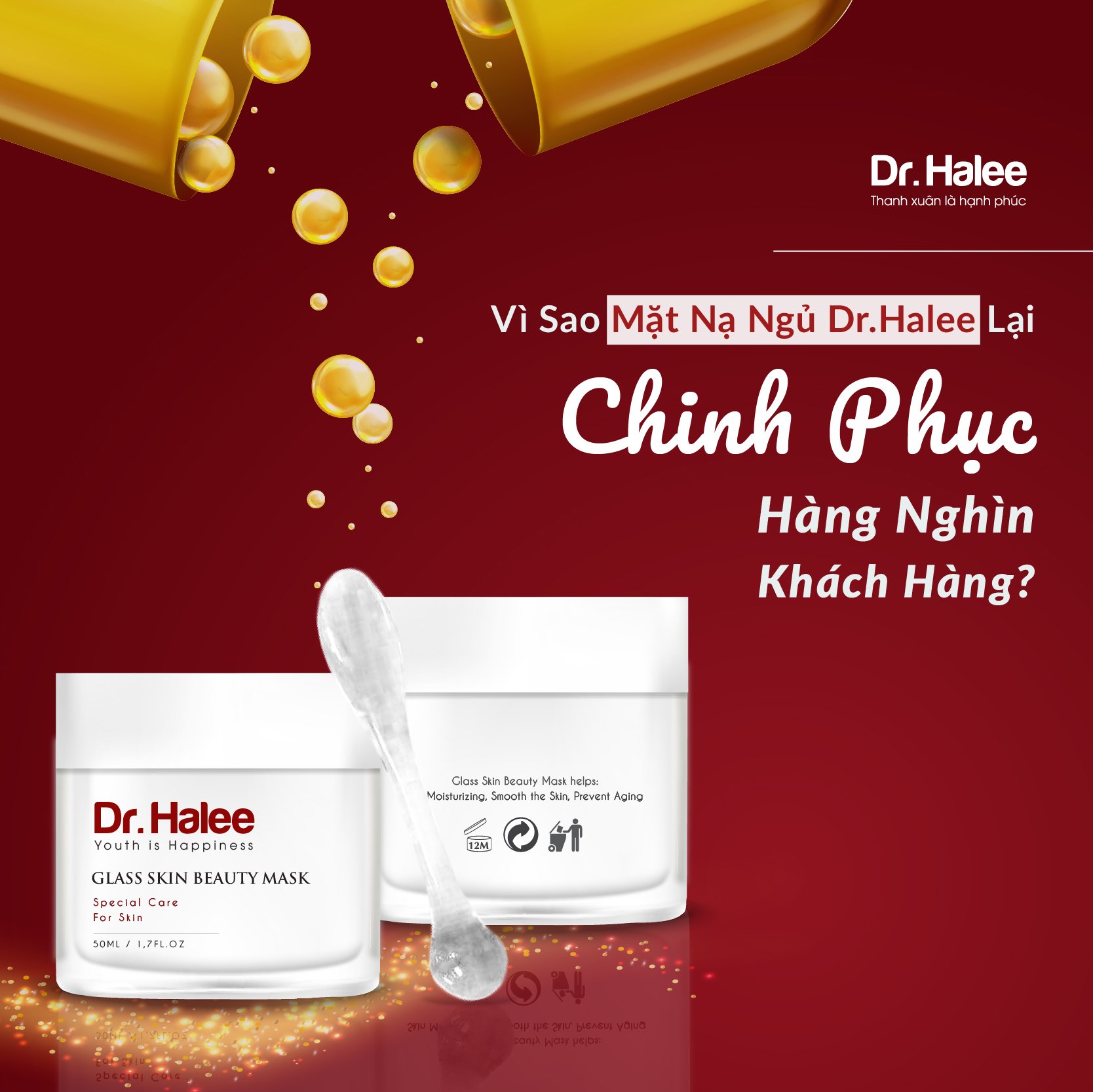 Măt nạ ngủ Glass Skin Beauty Mask Halee 50ml , trắng da, giảm nám, căng bóng, trẻ hoá da sau đêm ngủ