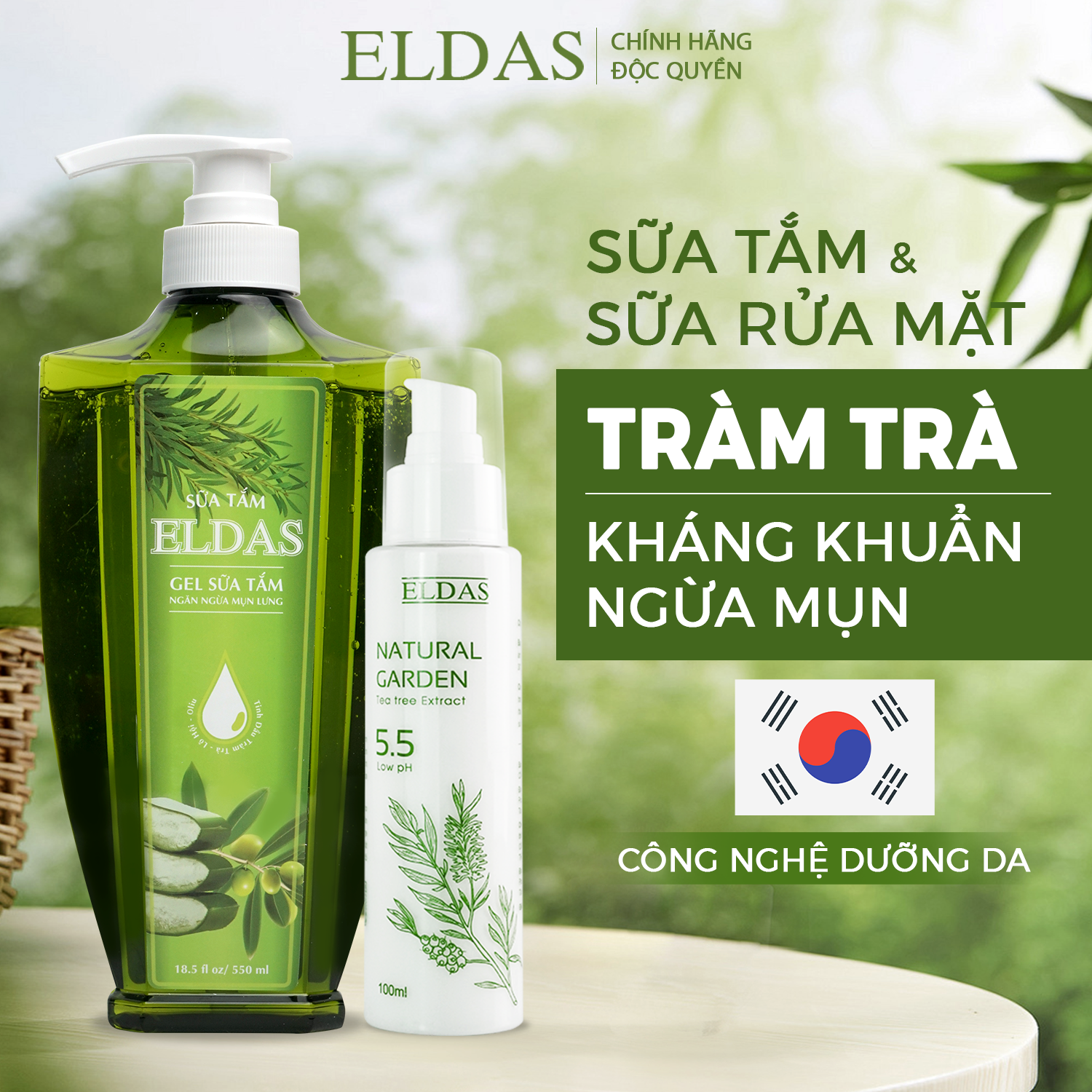 Combo Sữa tắm mụn lưng TRÀM TRÀ MƯỚP ĐẮNG ELDAS diệt khuẩn ngừa mụn 24 giờ 550ml & Sữa rửa mặt TRÀM TRÀ Eldas mờ thâm da sáng mịn đều màu 100ml