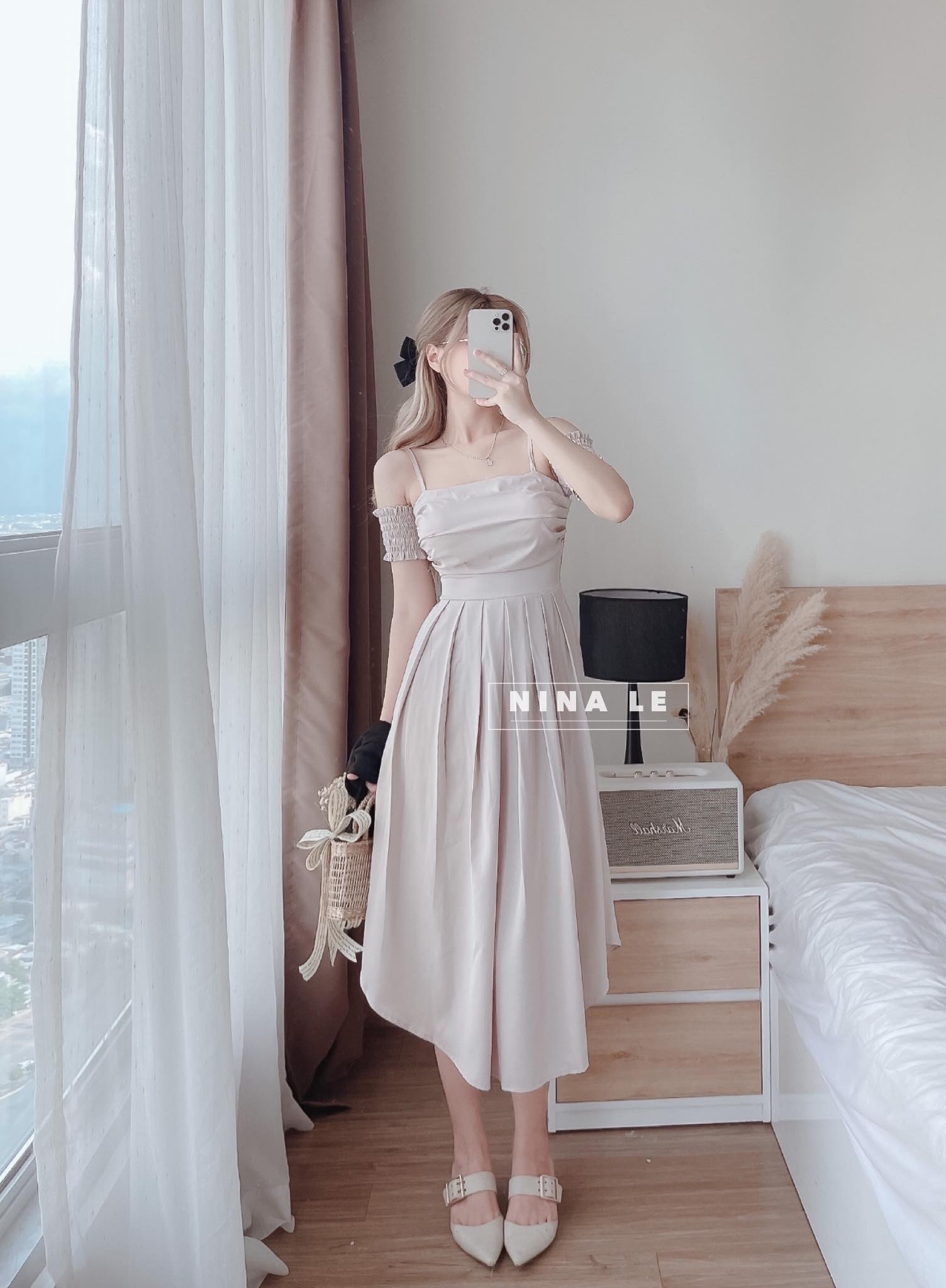 Đầm tay nhún 2 bên trễ vai bigsize