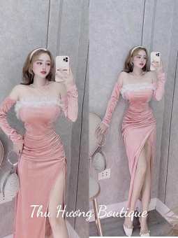 Đầm dự tiệc nhung phối bèo ngực trắng, váy đẹp dự tiệc, đầm đi đám cưới đẹp.