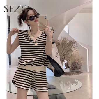 SEZO Bộ Áo Vest Nữ Kẻ Sọc Cổ Chữ V Không Tay Hàn Quốc + Quần Đùi Kẻ Sọc Cho Nữ Bộ Đồ Hai Món