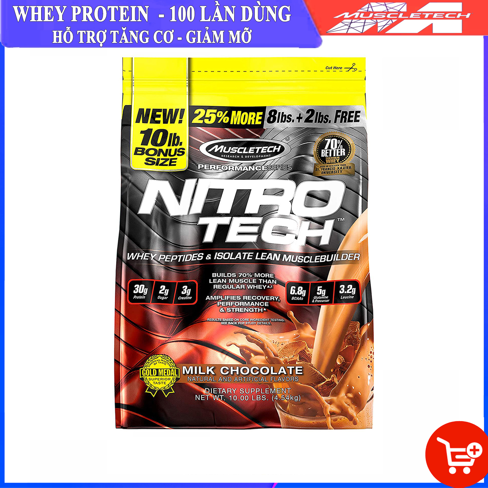 Sữa tăng cơ giảm mỡ cao cấp Whey Protein Nitro Tech của MuscleTech hương Chocolate bịch 4.5 kg 100 lần dùng hỗ trợ tăng cơ giảm cân giảm mỡ bụng tăng sức bền sức mạnh cho người tập GYM và chơi thể thao