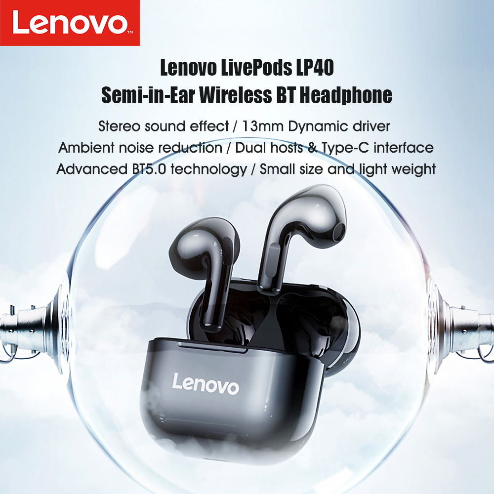 Lenovo LivePods LP40 Earphone Semi-in-Ear BT 5.0, Headphone True Wireless  dengan Kontrol Sentuh Bebas Genggam Panggilan Stereo Peredam Kebisingan,  Headset Desain Binaural Tahan Air dengan Antarmuka Tipe-c | Lazada Indonesia
