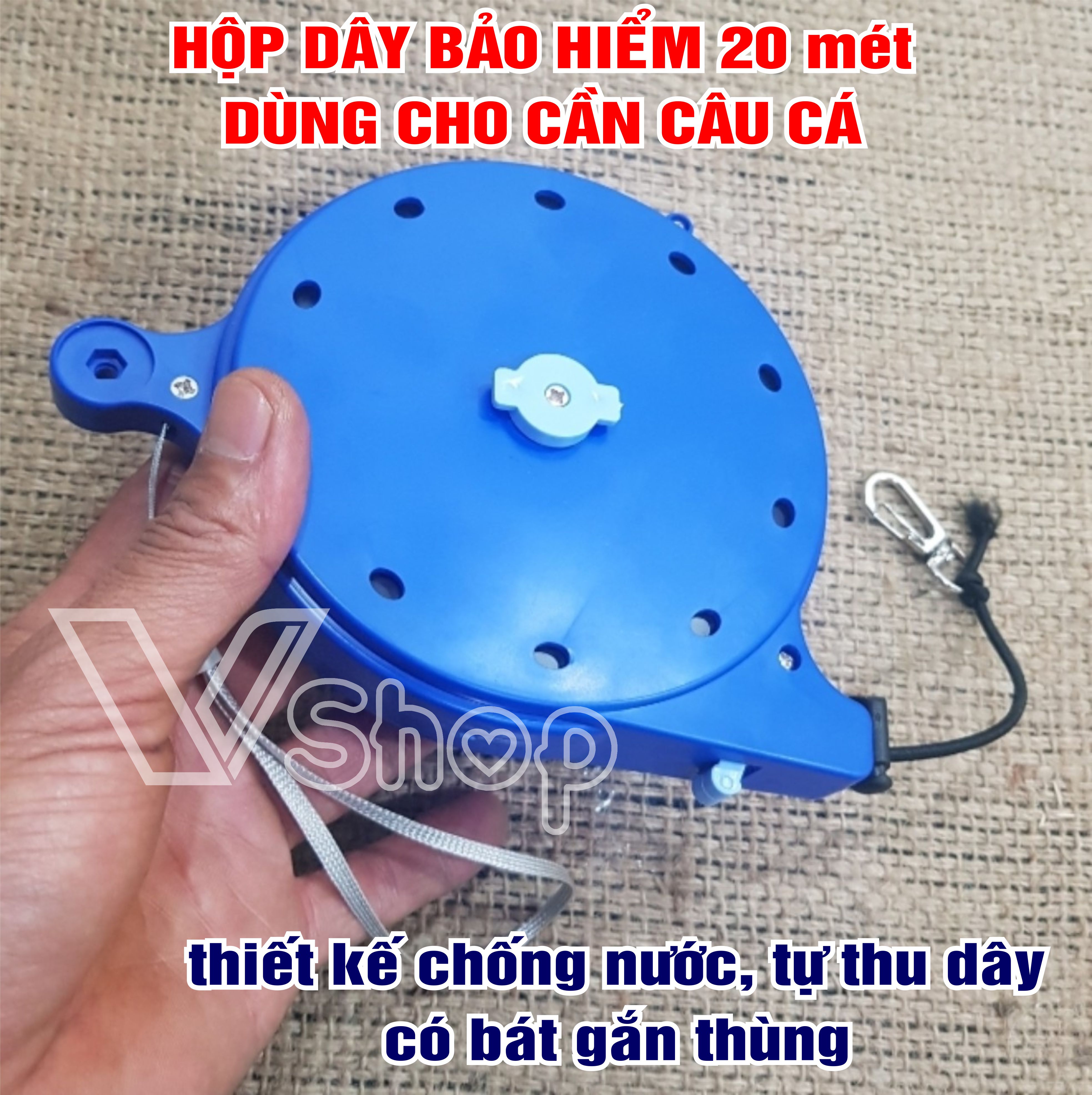 Hộp dây bảo hiểm, dây neo cần câu cá. Dây dài 20 mét, co giãn, đàn hồi