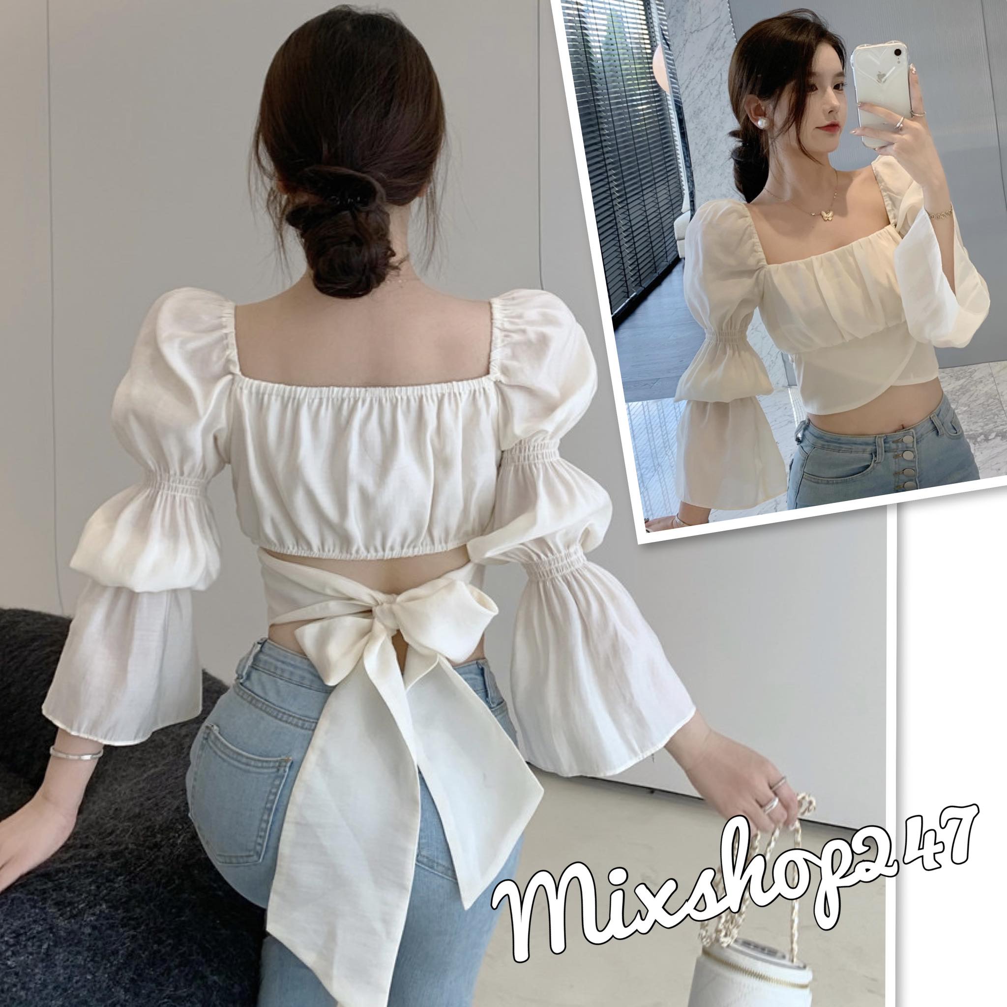 Áo kiểu croptop nữ cổ vuông thắt nơ lưng xinh xắn dễ thương  tay bèo nhún chất vải mịn mát có 2 màu