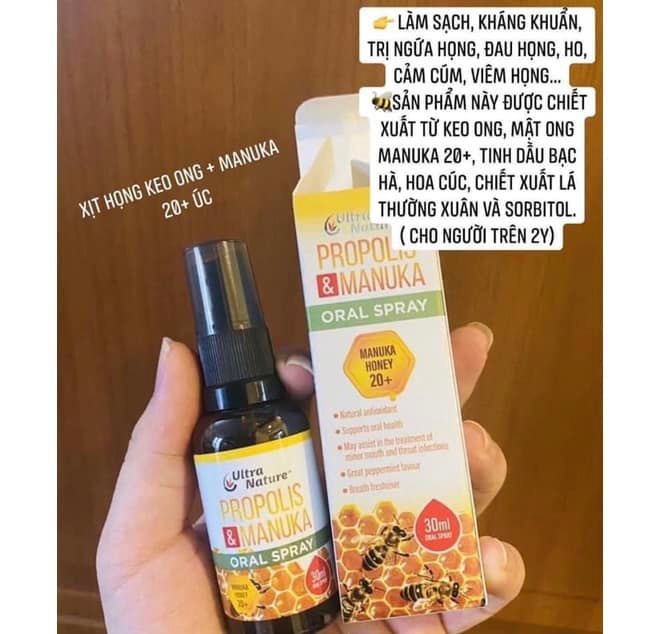 Ultra nature, propolis manuka 20+, xịt keo ong kết hợp mật ong manuka 20+ ultra nature từ úc, giảm đau họng, bảo vệ sức khỏe