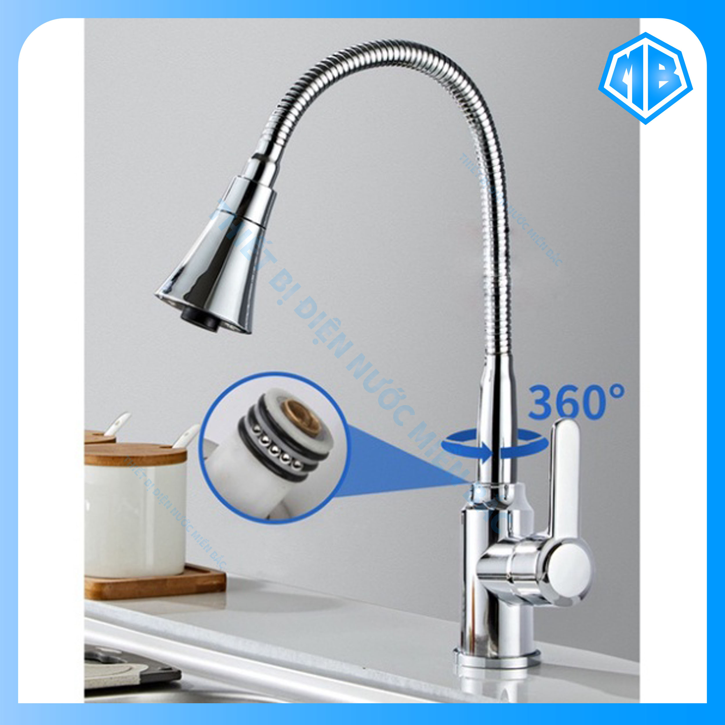 Vòi rửa chén bát nóng lạnh cần mềm inox bóng - thiết kế đầu vòi loe 2 chế độ nước xoay 360 độ sang trọng