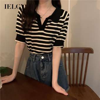 IELGY Ngắn Tay Hàn Quốc Cổ Áo POLO Áo Thun Sọc Rộng