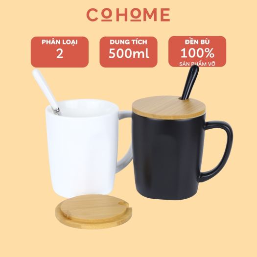 Cốc cà phê cốc uống trắng đen 500ml chất liệu gốm sứ cao cấp có nắp đậy và thìa pha cà phê pha trà