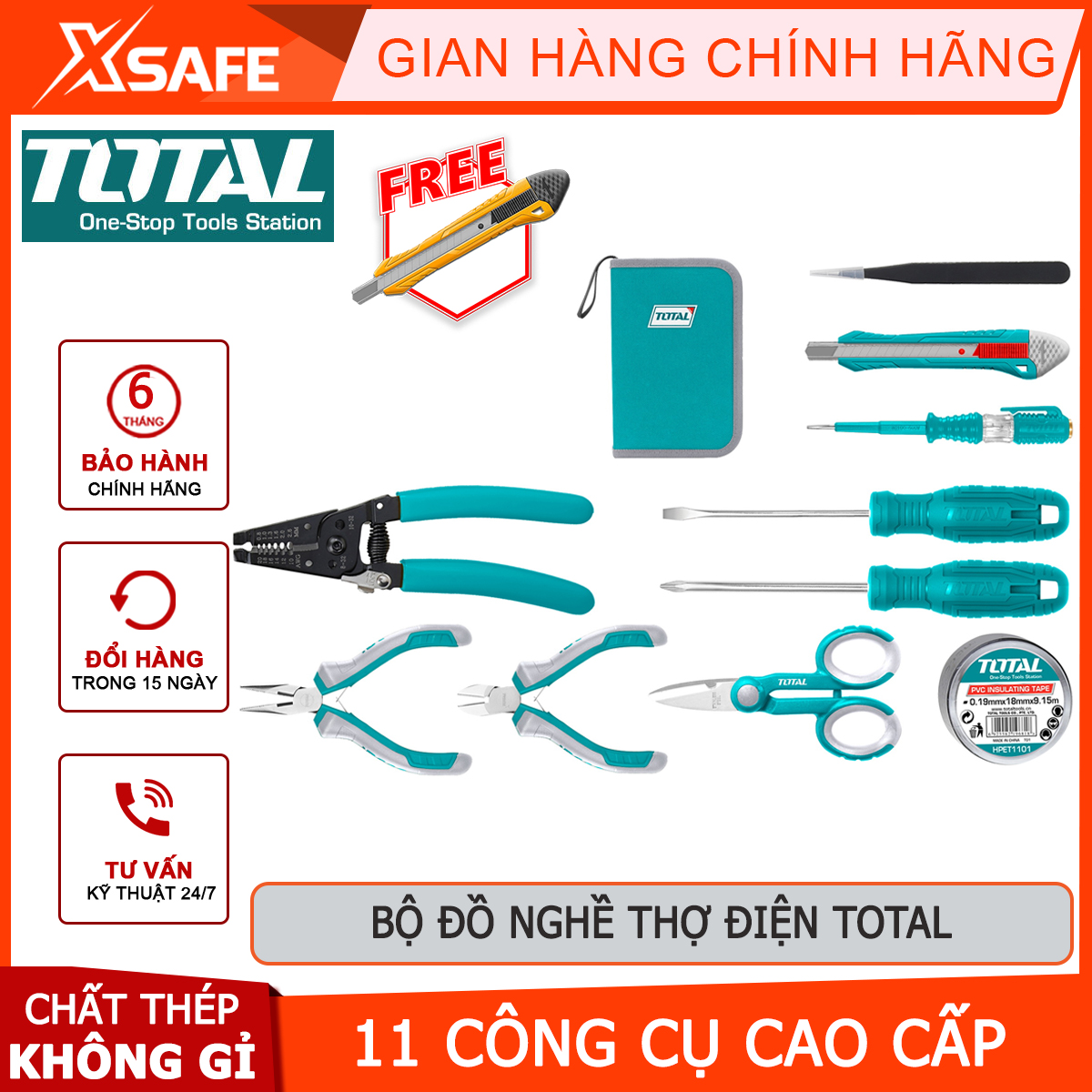 Bộ đồ nghề cho thợ điện 11 chi tiết total tkets0111 | bộ 11 dụng cụ cầm tay gồm kéo thợ điện, tua vít, mỏ lết, kềm mũi dài