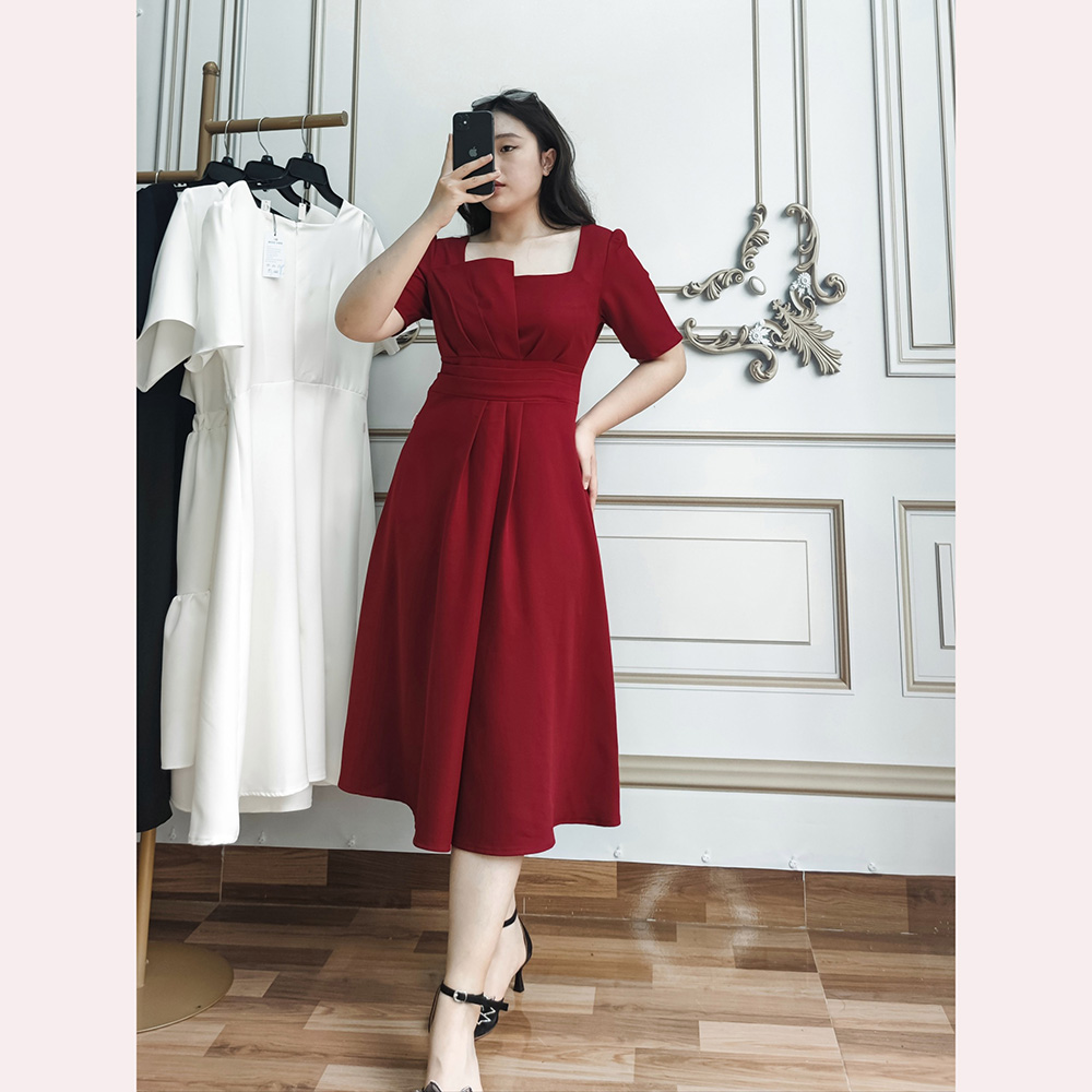 Đầm nữ Bigsize thiết kế xếp ly eo, tay ngắn dáng xòe nhẹ - Đầm bigsize dự tiệc Moohan