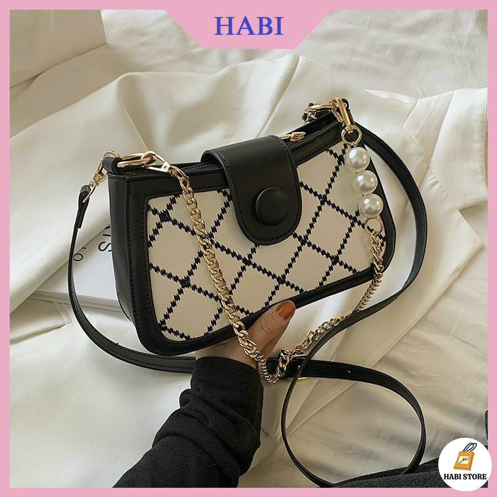 Túi xách nữ đeo chéo cúc bấm có dây dài M06, Túi kẹp nách vai phối dây quai xích ngọc và quai da