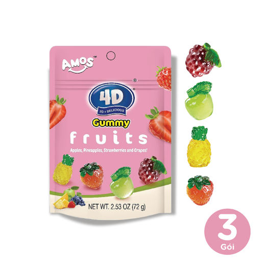 Combo 3 Kẻo dẻo trái cây 4D gói 72g, chất lượng quôc tế