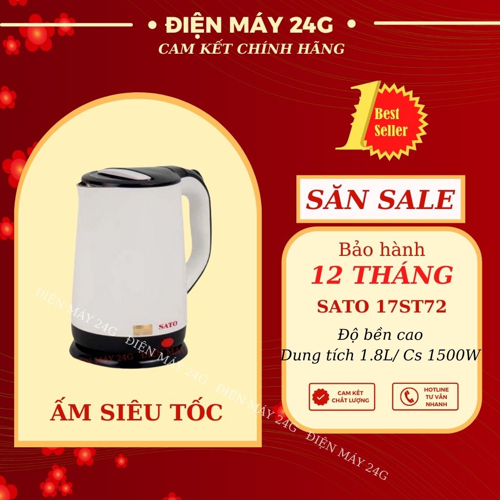 Ấm siêu tốc SATO 17ST72 ấm đun siêu tốc 1.8L màu trắng lớp trong inox cao cấp lớp ngoài nhựa chịu nhiệt chống trầy xước chính hãng bảo hành 12 tháng