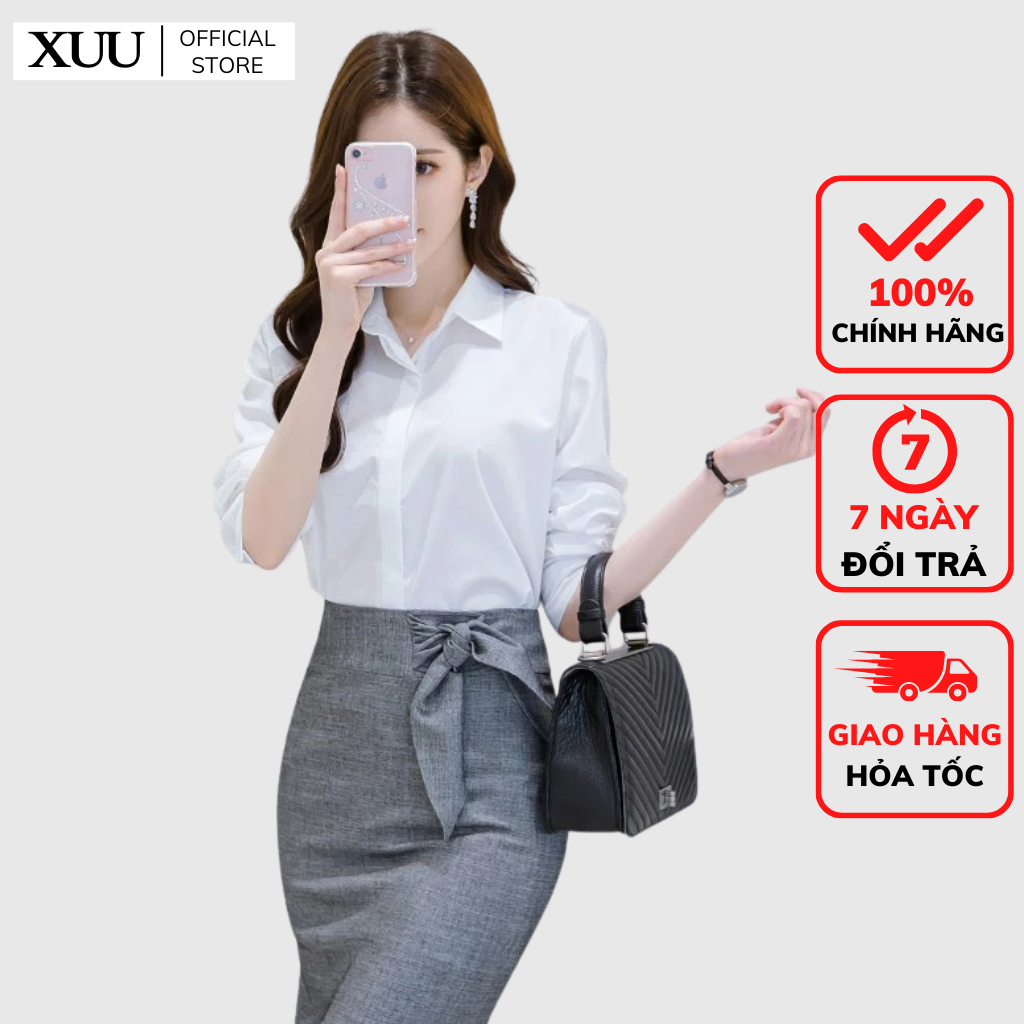 Áo sơ mi nữ trắng công sở Xuu Design Ảnh Thật Sơ mi giấu cúc SM01