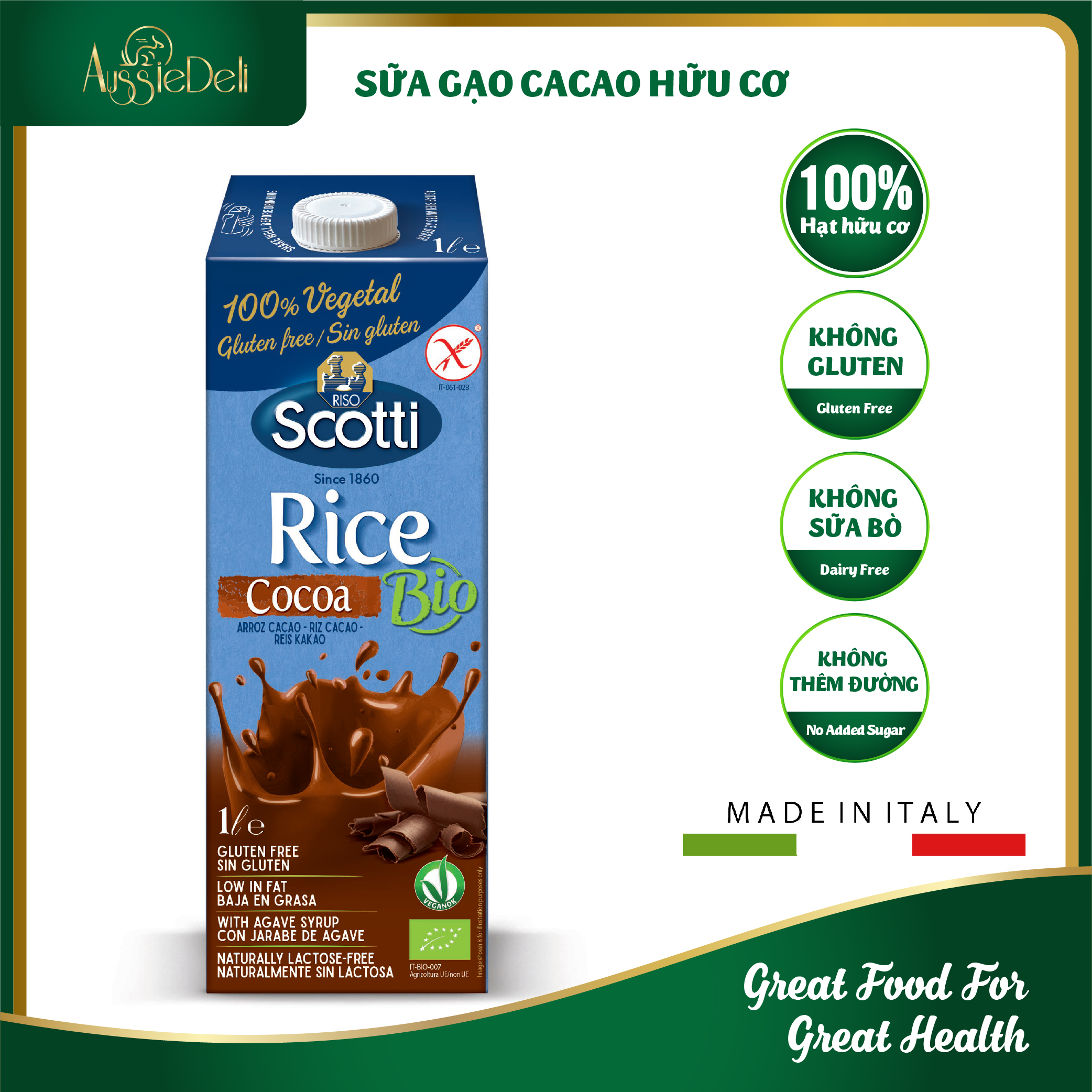 Sữa Gạo Cacao Hữu Cơ Riso Scotti - ORGANIC Rice Cocoa Drink hộp 1L
