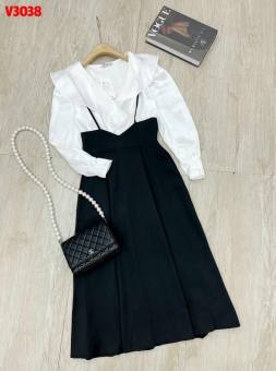 sét đầm nữ sét áo sơ mi voan tơ cổ thắt nơ tay dài phối chân váy dáng xòe