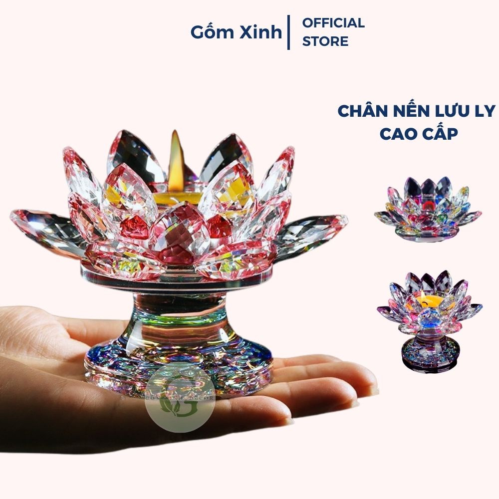 Chân nến pha lê đế nến hình bông sen thủy tinh bày bàn thờ