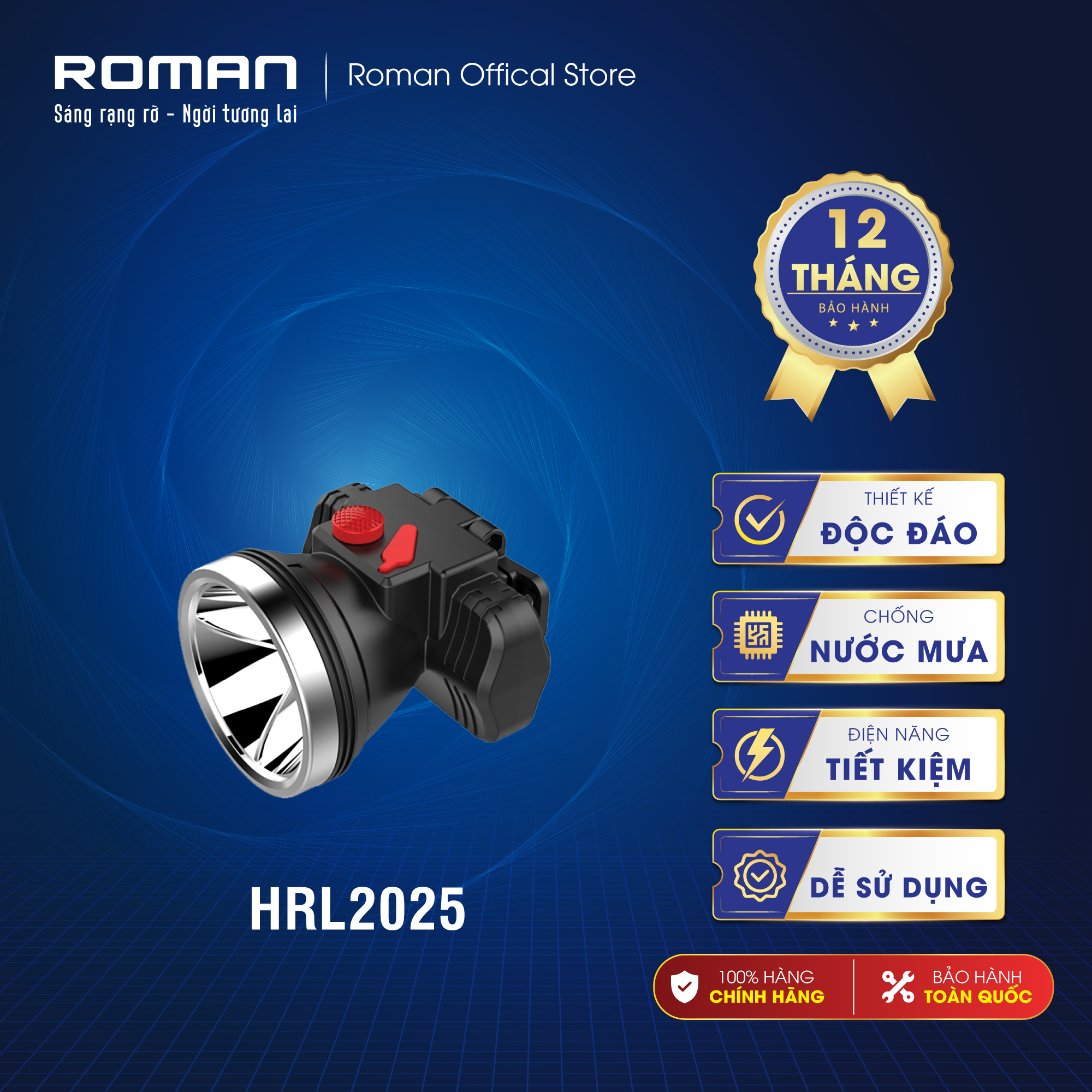 Đèn sạc đội đầu Roman HRL2025 chống nước mưa | Gồm ánh sáng ấm và trắng, thắp sáng liên tục 8 giờ