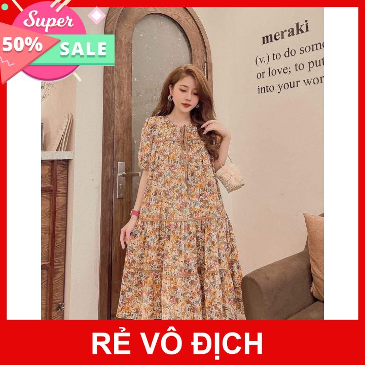 [Hàng cao cấp] Váy bầu thiết kế💕chất lụa hoa siêu nhẹ, siêu mát, siêu mềm, mặc không thích hoàn tiền💕free size 43~70kg