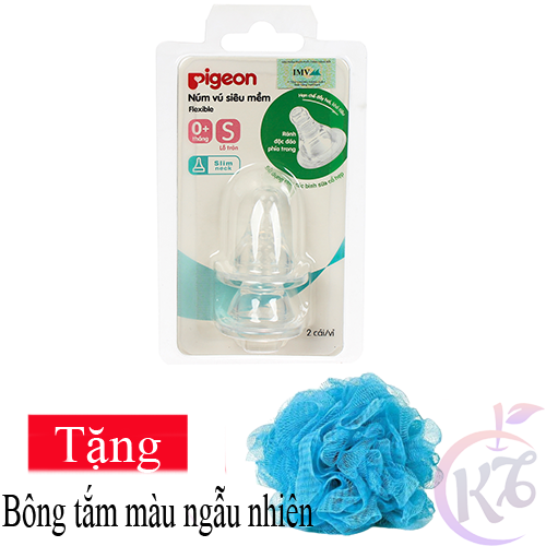 [FreeShipMAX] Núm ty thay thế bình sữa Pigeon silicone siêu mềm cổ hẹp size S - 2 cái/vỹ (0+ tháng) Tặng 1 bông tắm màu ngẫu nhiên - num ti binh sua num vu thay binh sua co thuong
