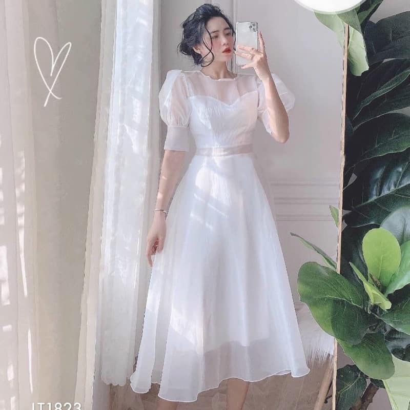 Đầm nữ trắng dạng xòe dự tiệc freesize