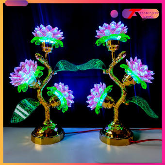 ĐÈN HOA SEN 3 BÔNG THÂN CAO (35CM) THỜ CÚNG SÁNG NHIỀU MÀU, THỜ CÚNG, THỜ TƯỢNG QUAN ÂM, PHẬT GIÁO (SEN 12 3 BÔNG)
