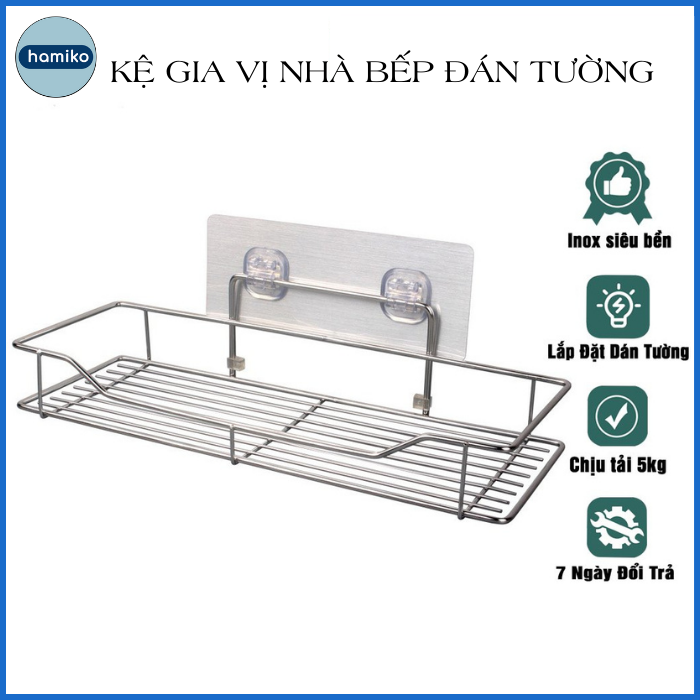 Kệ gia vị, khay để đồ dán tường không cần khoan vít ; giá treo nhà tắm nhà bếp chất liệu inox tặng kèm miếng dán đôi- Hamikovn
