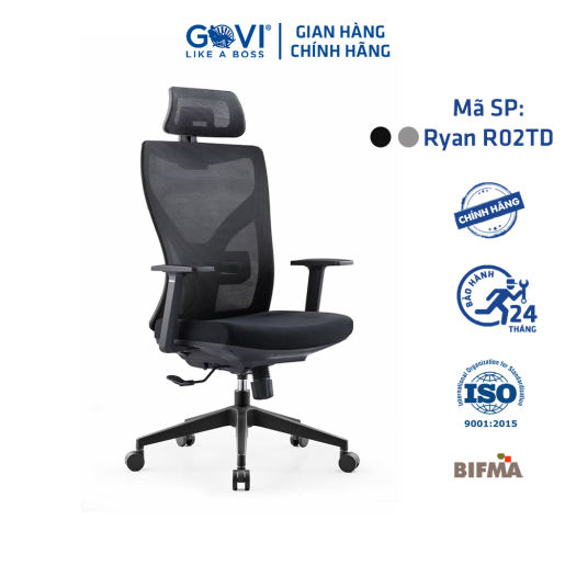 Ghế xoay văn phòng công thái học GOVI Ryan R02TD - Thiết kế tựa đầu điều chỉnh độ cao, tựa tay cố định, mâm ghế ngả sau, khóa ngả 1 vị trí