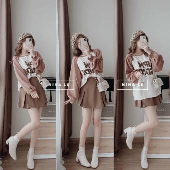 Set bộ áo thun tay dài kèm chân váy - thiết kế họa tiết in chữ 3D nhẹ nhàng cá tính