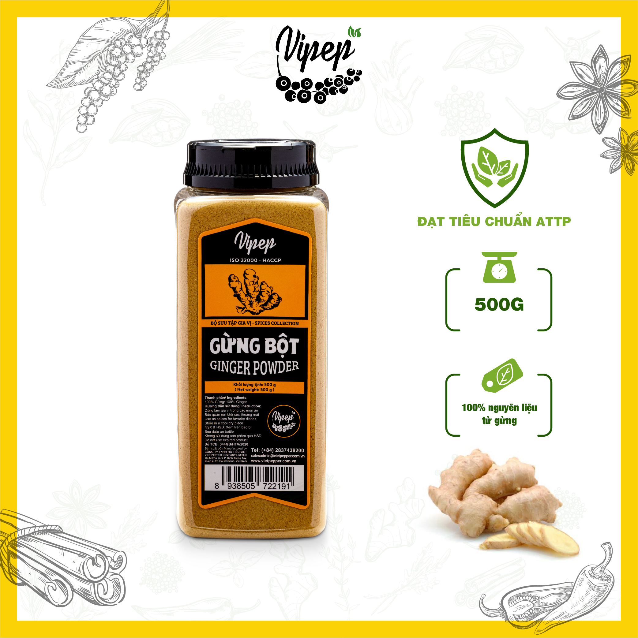 Bột gừng Vipep 500g nguyên chất 100% - gia vị tẩm ướp, nêm nếm món ăn, có thể dùng làm trà gừng hỗ trợ tiêu hoá