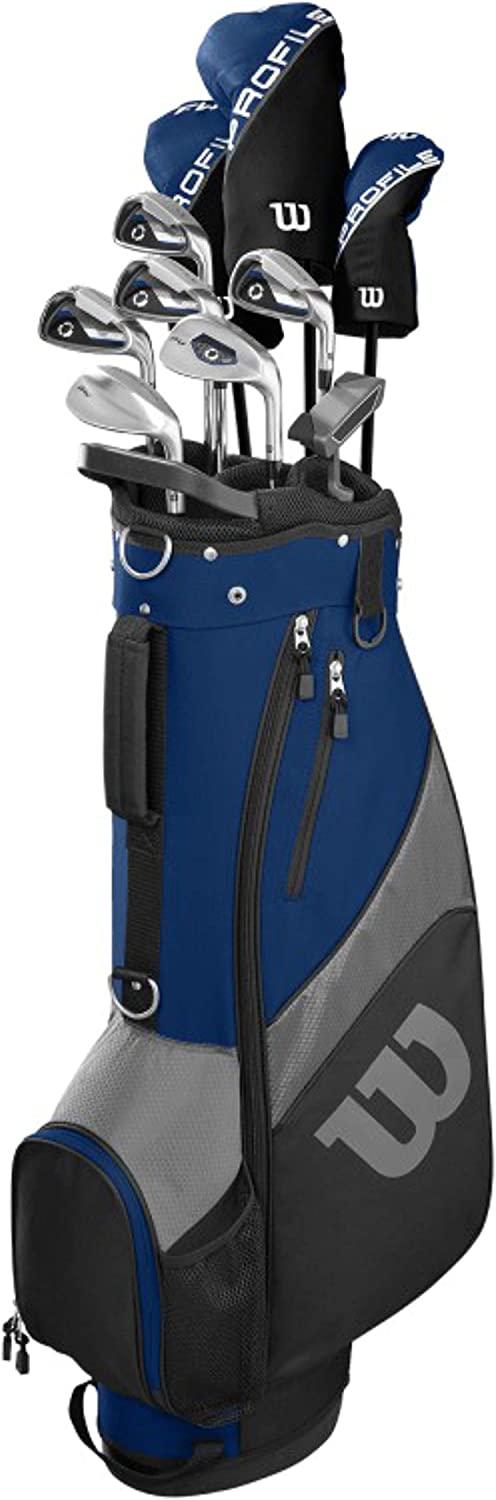 Wilson Golf Profile SGI Kompletny męski zestaw kijków golfowych. Sterownik z wałem grafitowym, drewno wodne z wałem grafitowym, hybrydowy ze stalowym wałem, żelazka ze stali nierdzewnej 6/7/8/9, klin skośny, klin piaskowy Easy Launch ze stalowymi wałami, putter. PRAWORĘCZNY